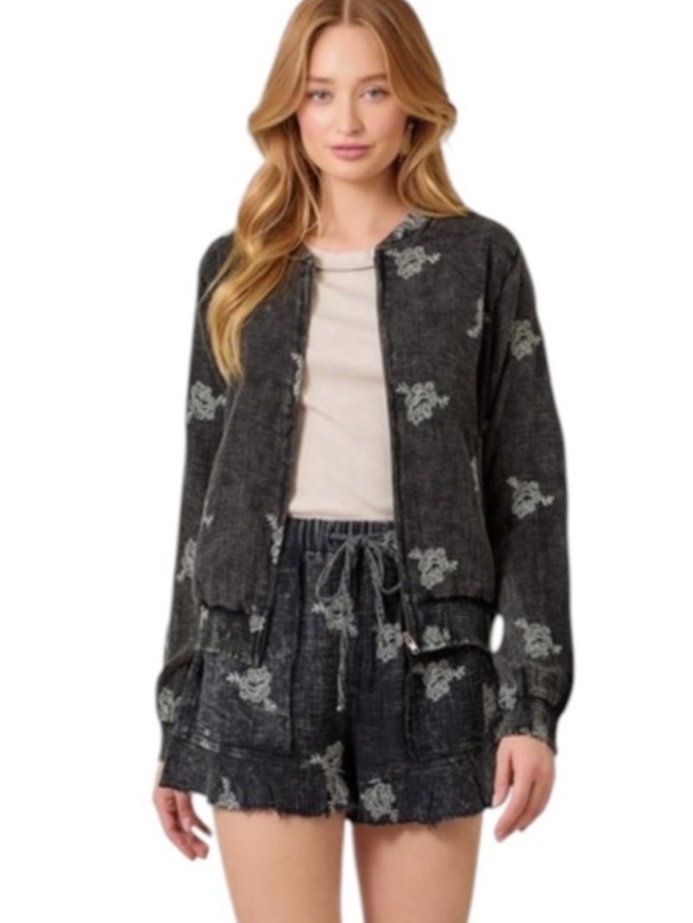 Washed Black Floral Jacket/Short Set